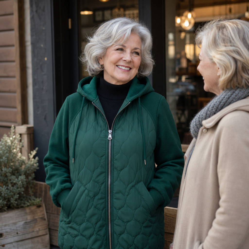 Winter dark green quilted hooded puffer jacket, seated outdoor view
