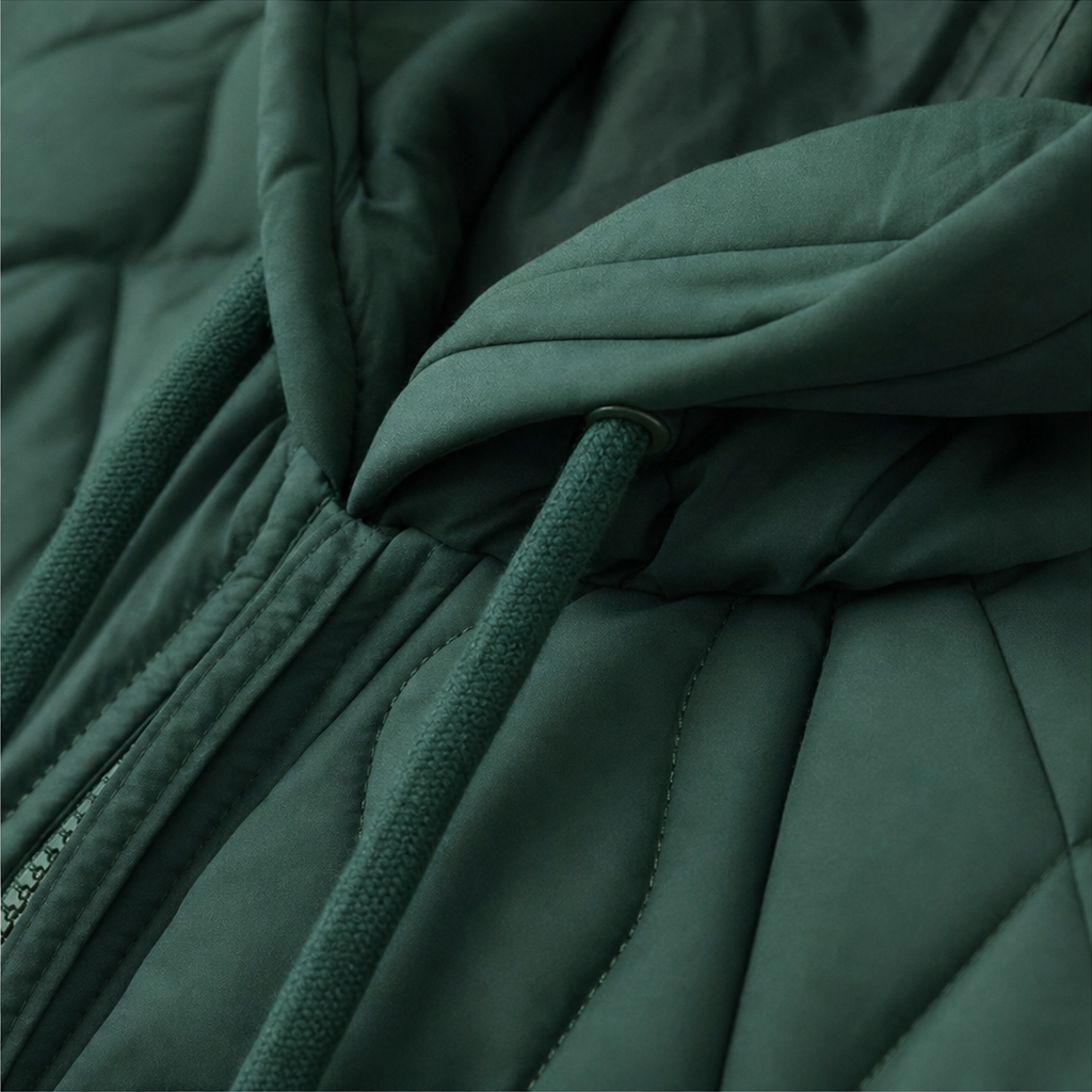 Winter dark green quilted hooded puffer jacket, seated outdoor view