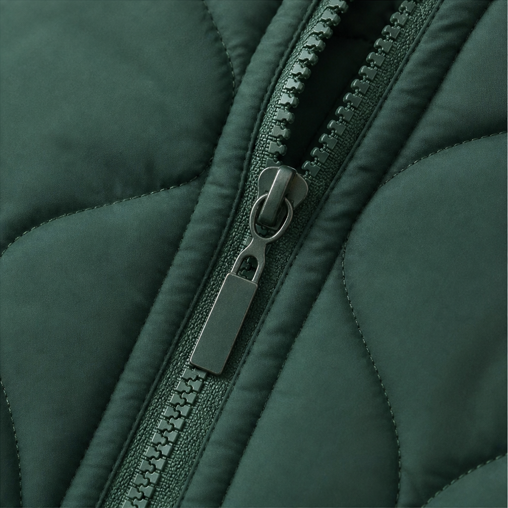 Winter dark green quilted hooded puffer jacket, seated outdoor view