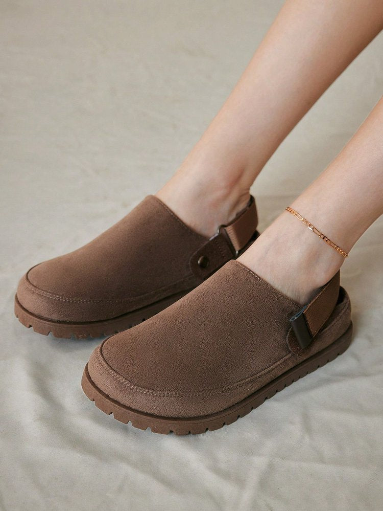 Thalia brown adjustable strap platform clogs, close-up front view