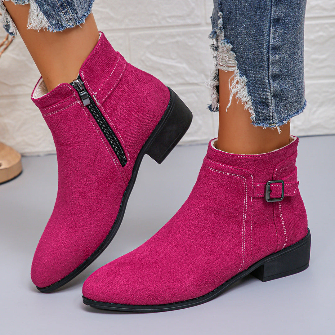 Harlow fuchsia ankle boots with zip detail, front view
