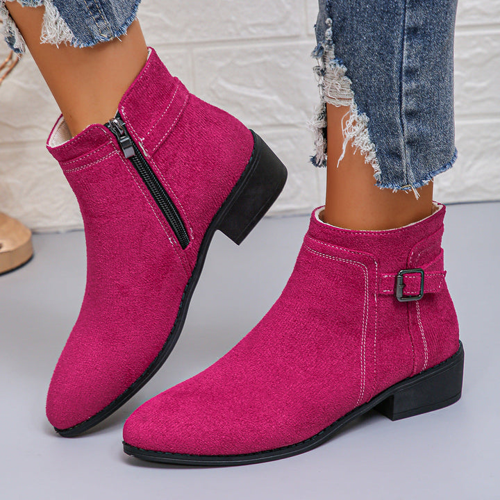 Harlow fuchsia ankle boots with zip detail, front view