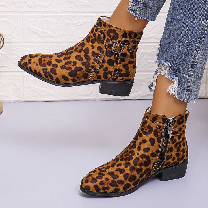 Harlow leopard print ankle boots with zipper and buckle, side view