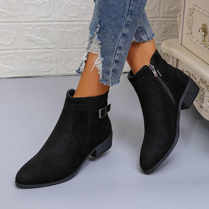 Harlow leopard print ankle boots with zipper and buckle, side view