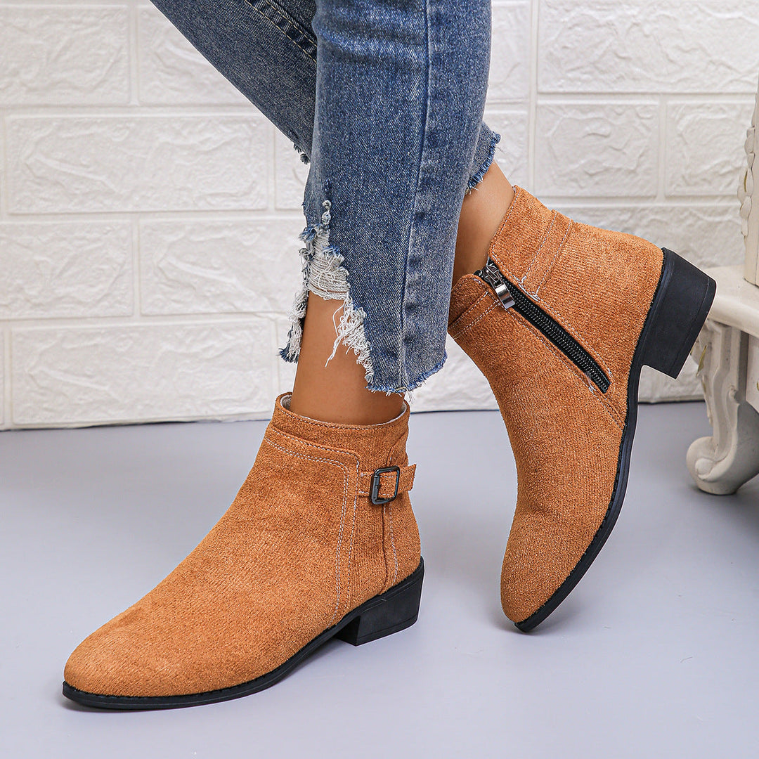 Harlow leopard print ankle boots with zipper and buckle, side view