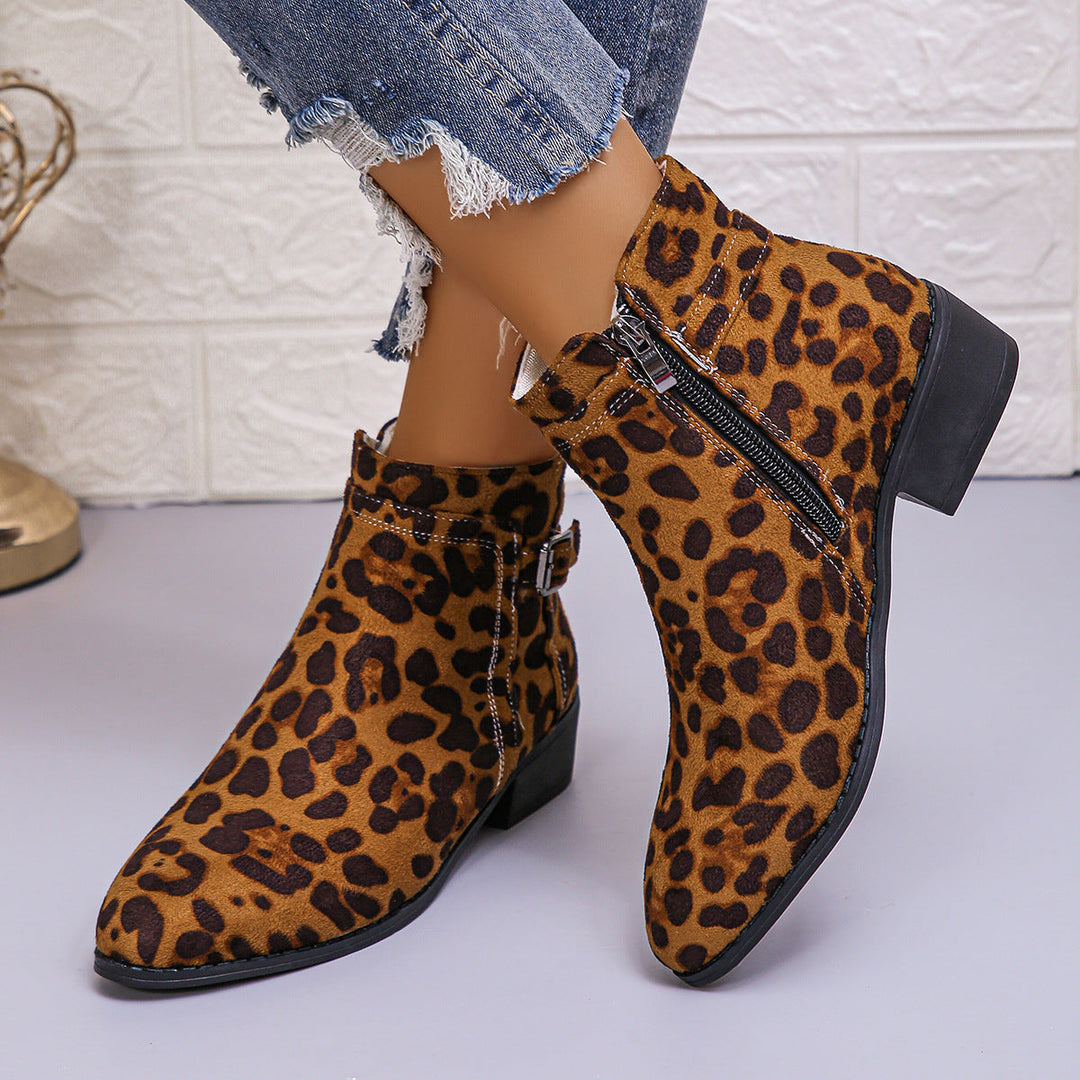 Harlow leopard print ankle boots with zipper and buckle, side view