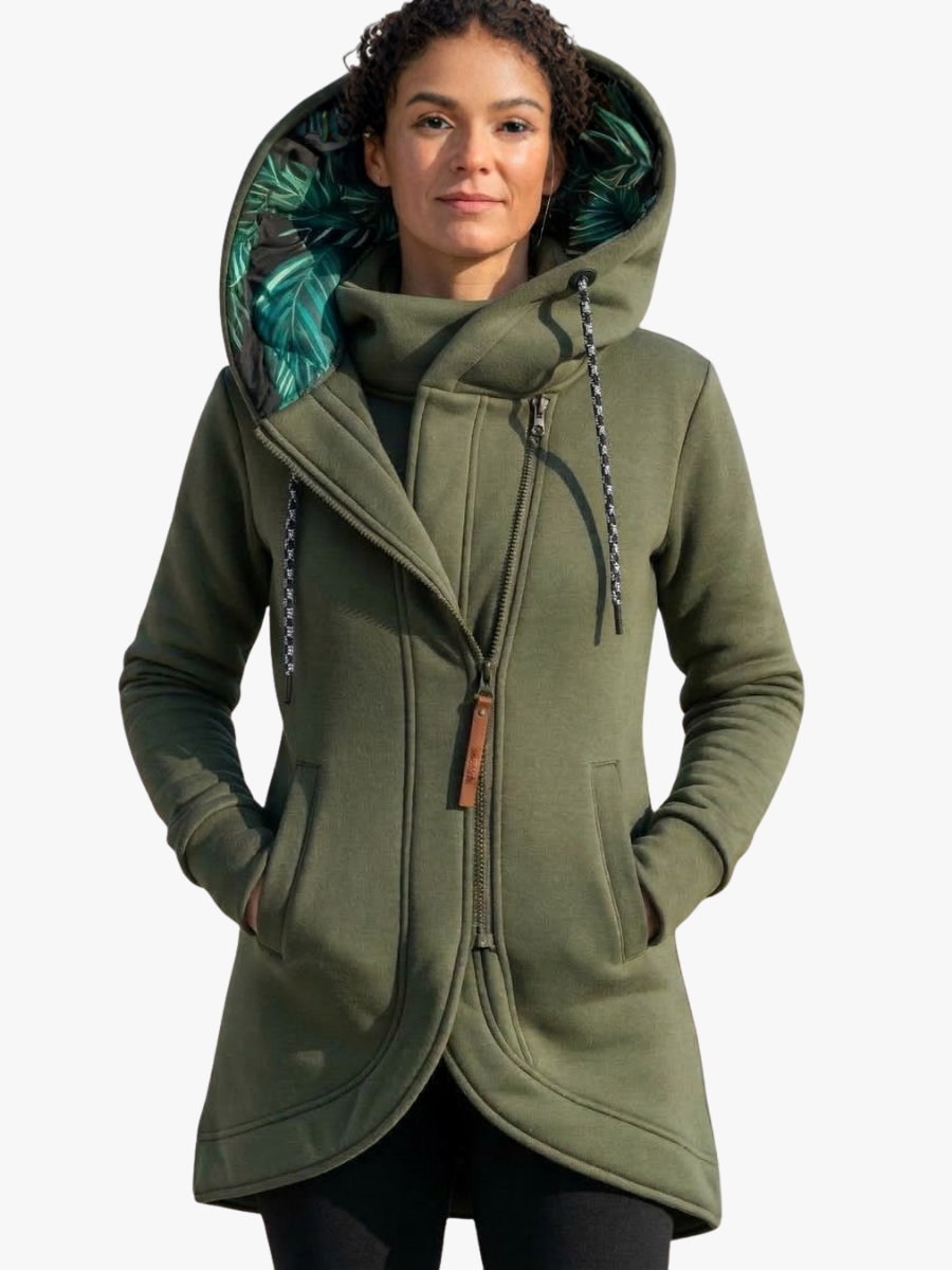 Marisabel hooded fleece jacket with leaf print lining, front view close-up