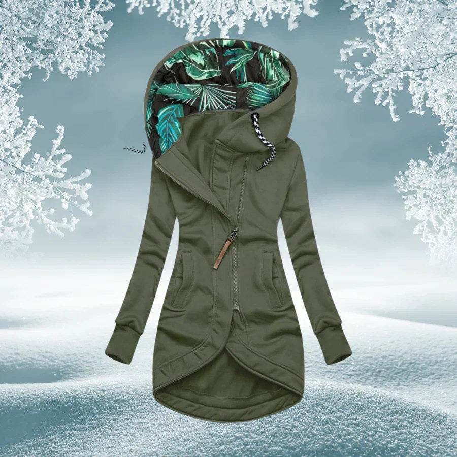 Marisabel asymmetric zip hooded fleece jacket, front view on model