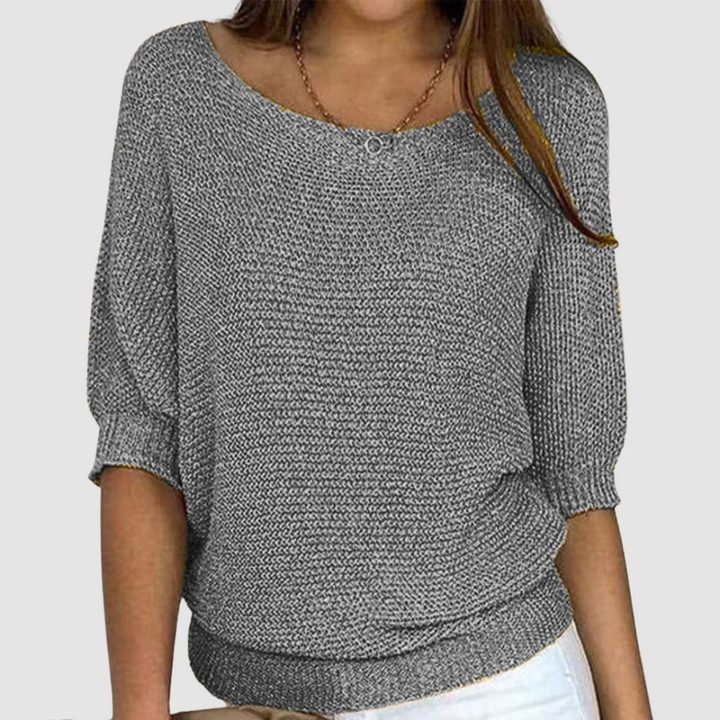 Thea gray knit batwing sweatshirt, front view close-up