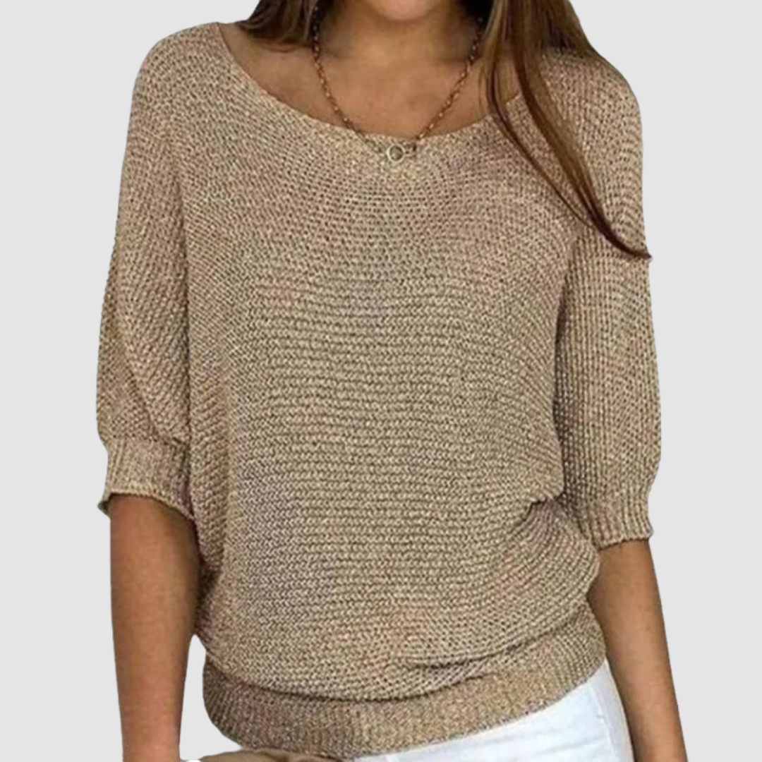 Thea beige knit batwing sweatshirt, front view close-up