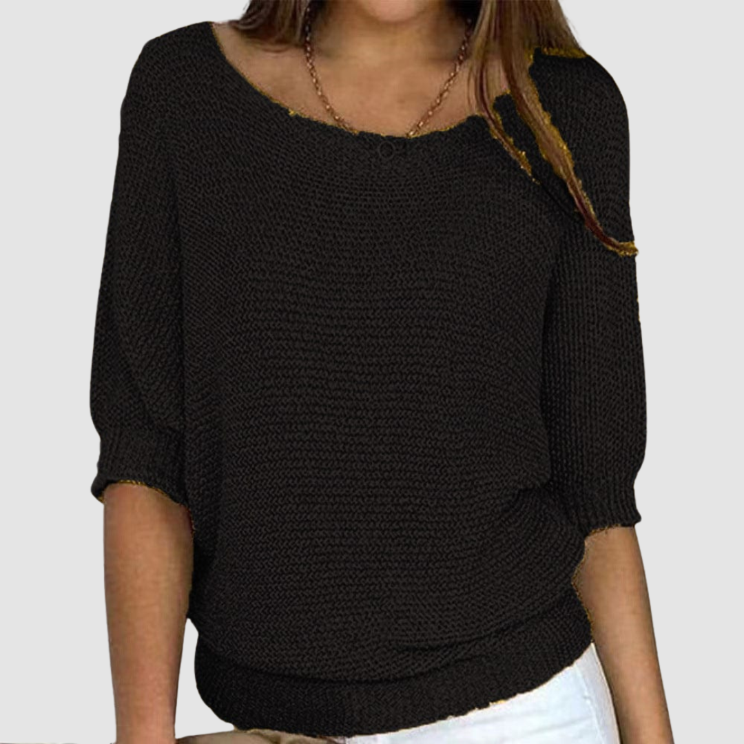 Thea black knit batwing sweatshirt, front view close-up
