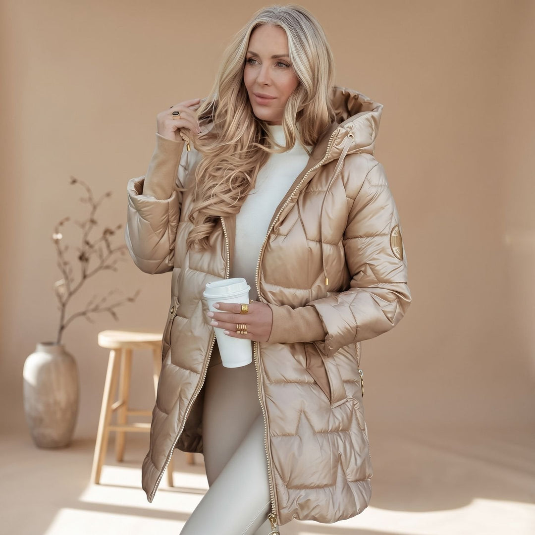 Odette belted hooded puffer coat in beige, front view with hood up