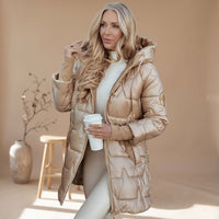 Women's Belted Hooded Long Sleeve Puffer Coat | Odette