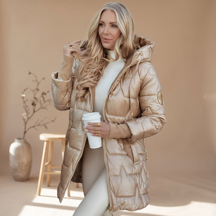 Odette belted hooded puffer coat in beige, front view with hood up
