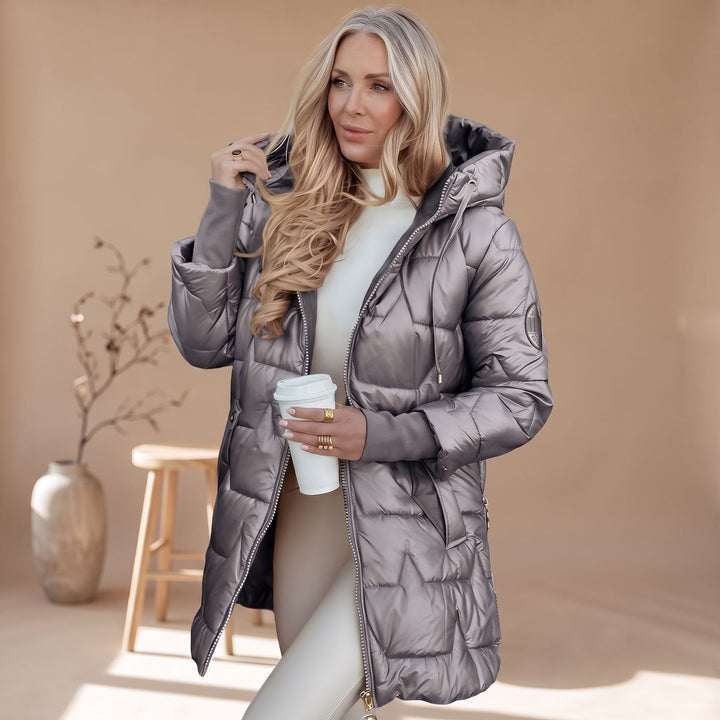 Odette belted hooded puffer coat in gray, side view