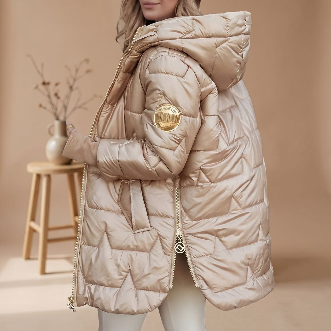 Odette belted hooded puffer coat in beige, close-up side view with hood and sleeve detail