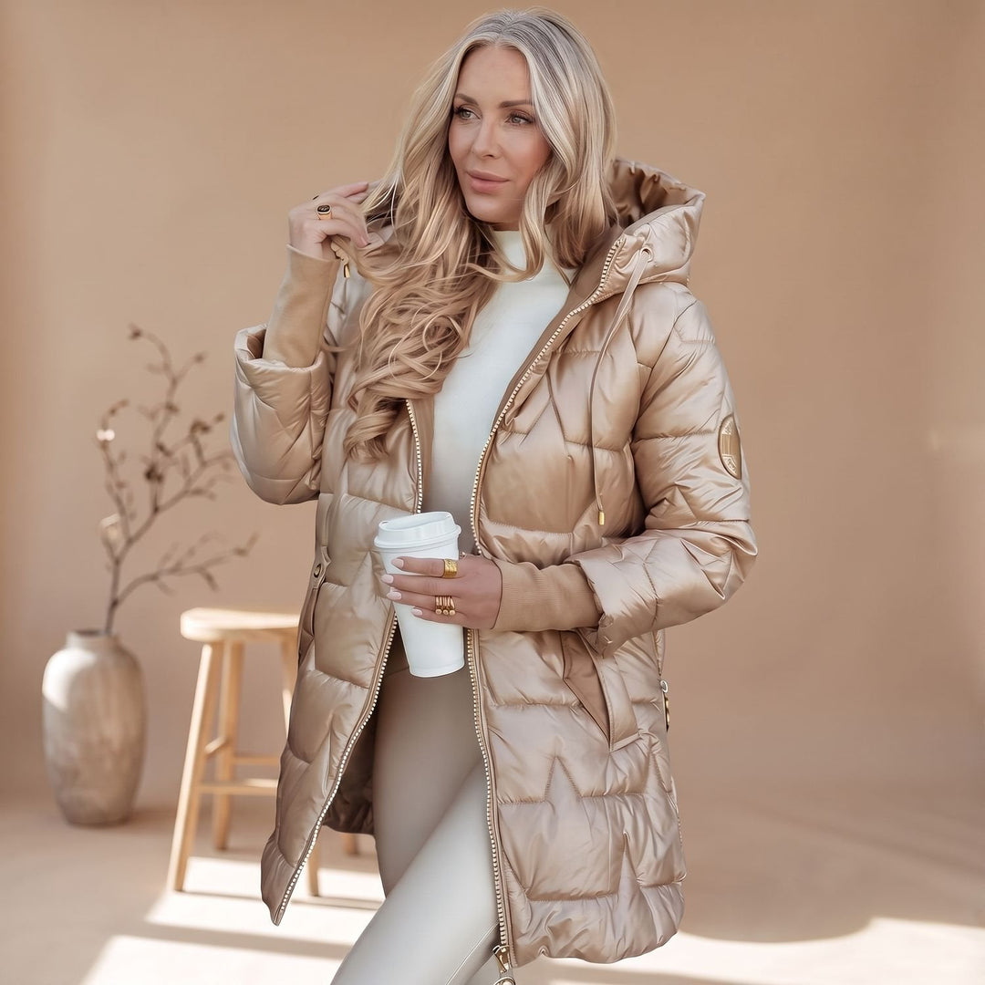 Odette belted hooded puffer coat in beige, close-up side view with hood and sleeve detail