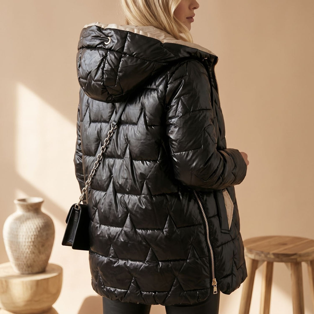 Odette belted hooded puffer coat in beige, close-up side view with hood and sleeve detail