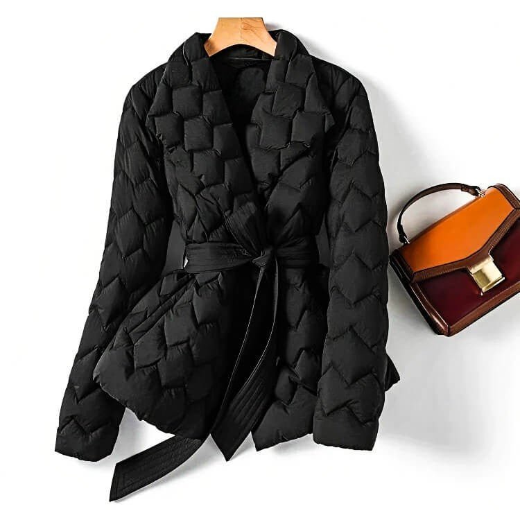 Guinevere belted quilted puffer jacket in black, front view with bag