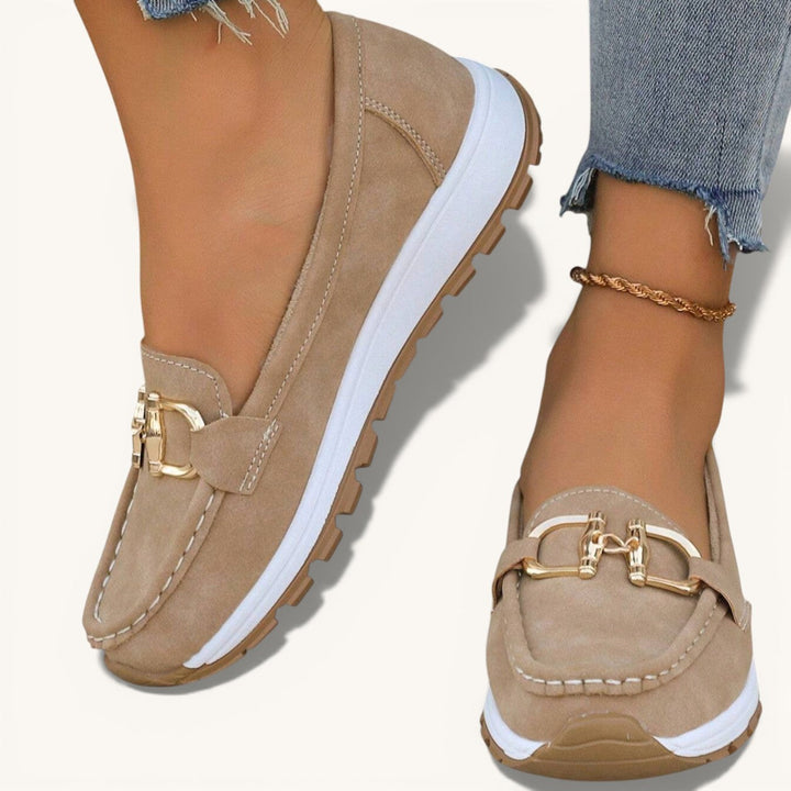 Odette buckle platform loafers shown on model&