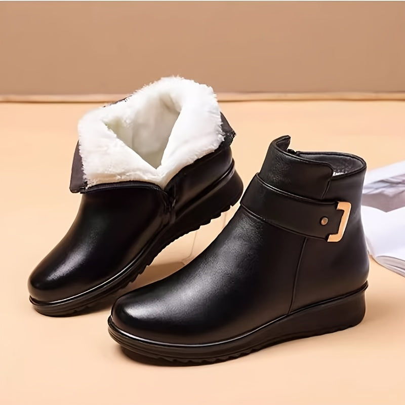 Felicity black buckle ankle boots, front pair view with fluffy lining shown