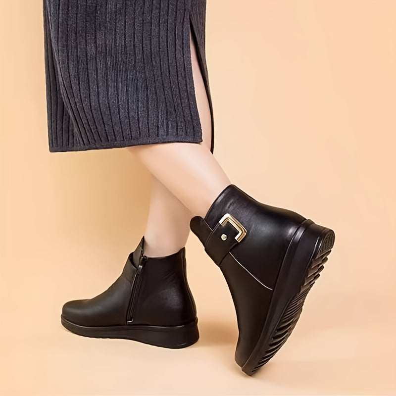 Felicity ankle boots worn on model with skirt, side view