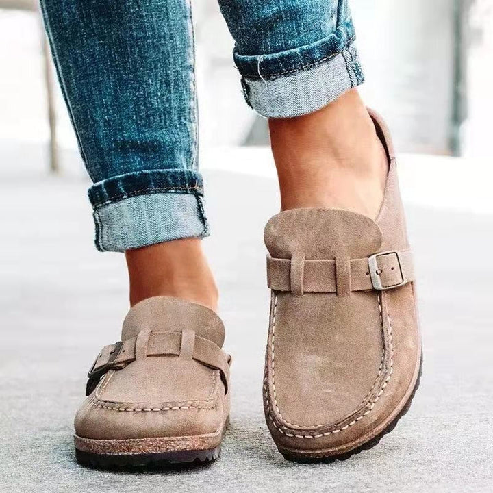 Felicity buckle strap backless clogs in taupe, front view close-up