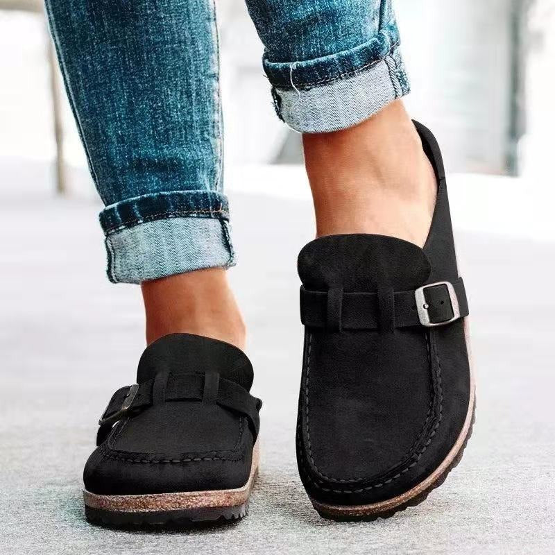 Felicity buckle strap backless clogs in black, front view close-up