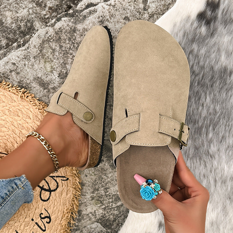 Seraphina buckle strap platform clogs in tan suede-look finish, top view pair