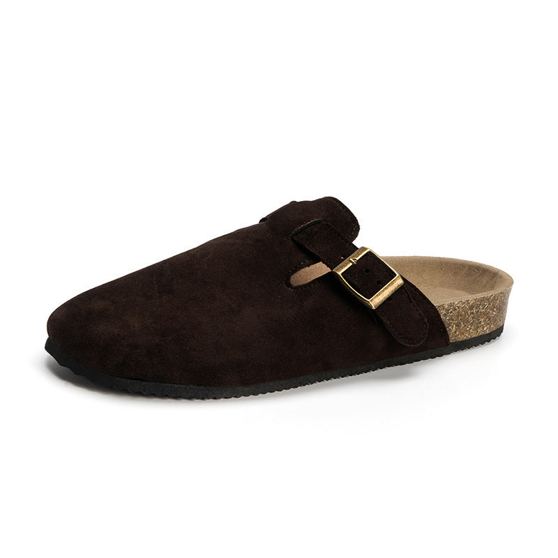 Seraphina buckle strap platform clogs in dark brown, worn on foot top view