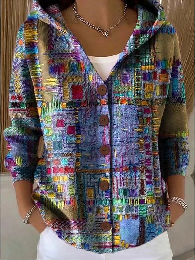 Francesca hooded button cardigan in multicolor patchwork print, front view