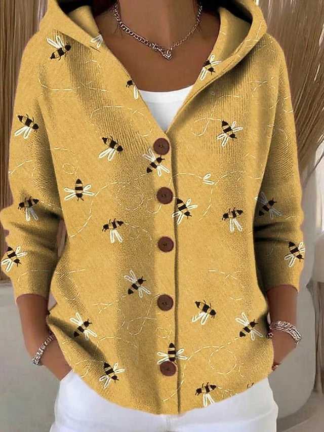 Francesca hooded button cardigan in yellow bee print, front view