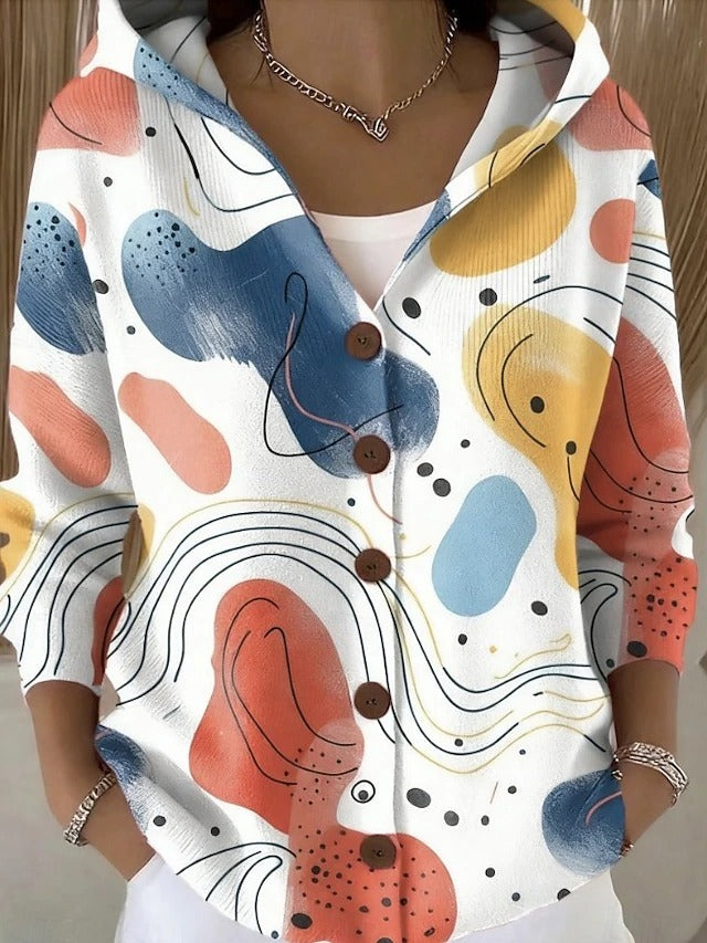 Francesca hooded button cardigan in abstract print, front view