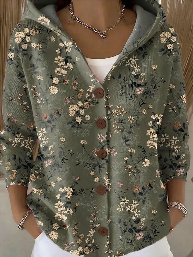 Francesca hooded button cardigan in green floral print, front view