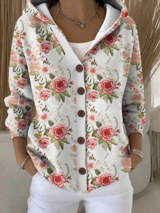 Francesca hooded button cardigan in green floral print, front view