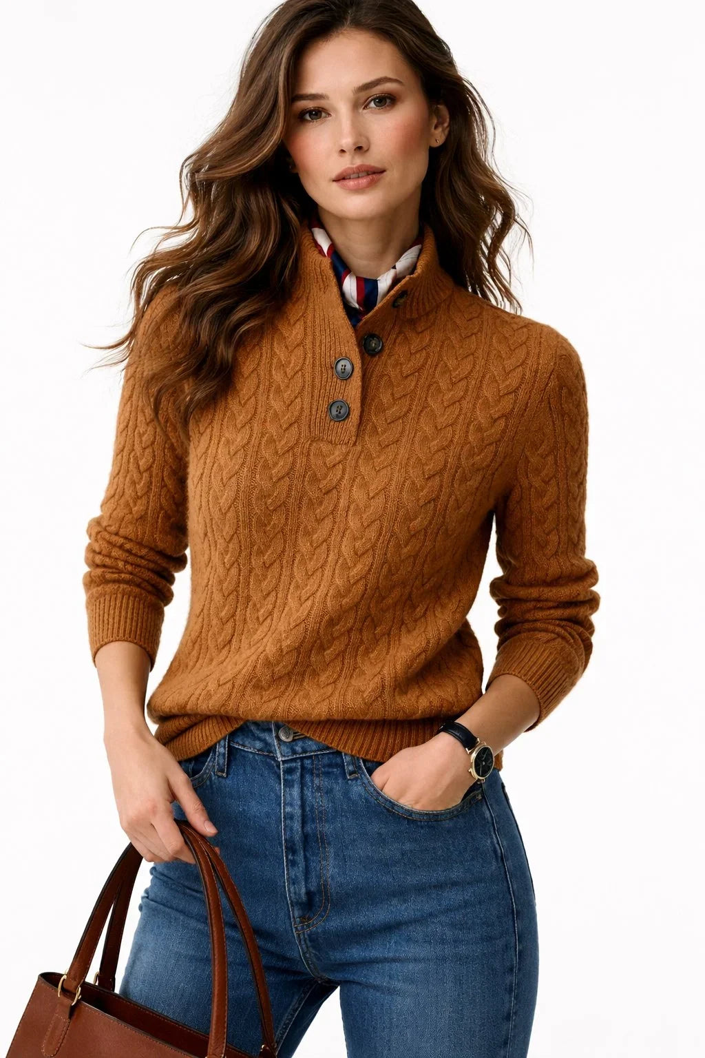 Genevieve cable knit button mock neck sweater in brown, front view with striped collared shirt