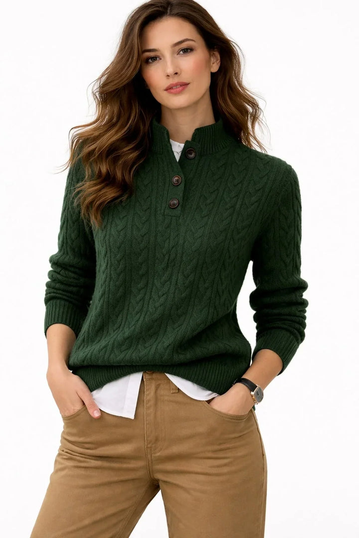 Genevieve cable knit button mock neck sweater in green, front view