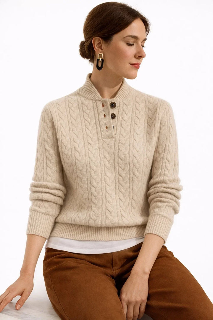 Genevieve cable knit button mock neck sweater in beige, seated side view