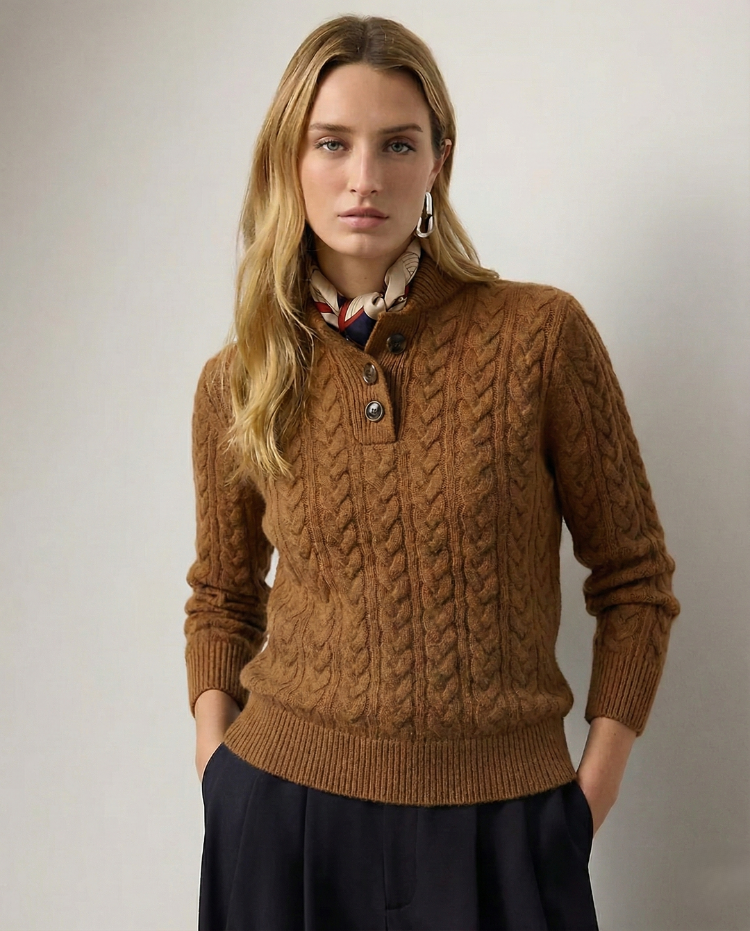 Marigold cable-knit button-up sweater with stand collar, front view