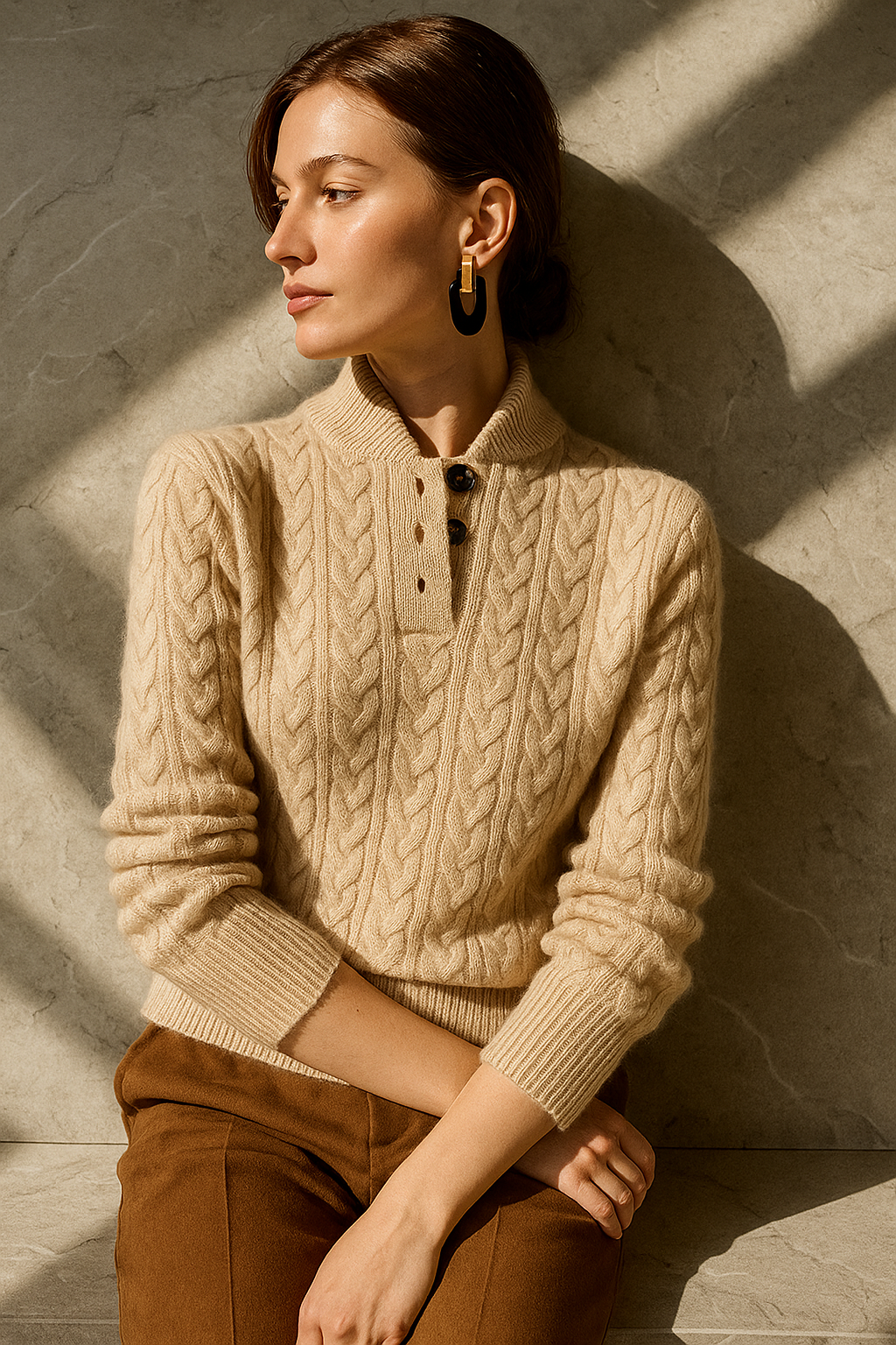 Marigold cable-knit button-up sweater styled with earrings, close-up