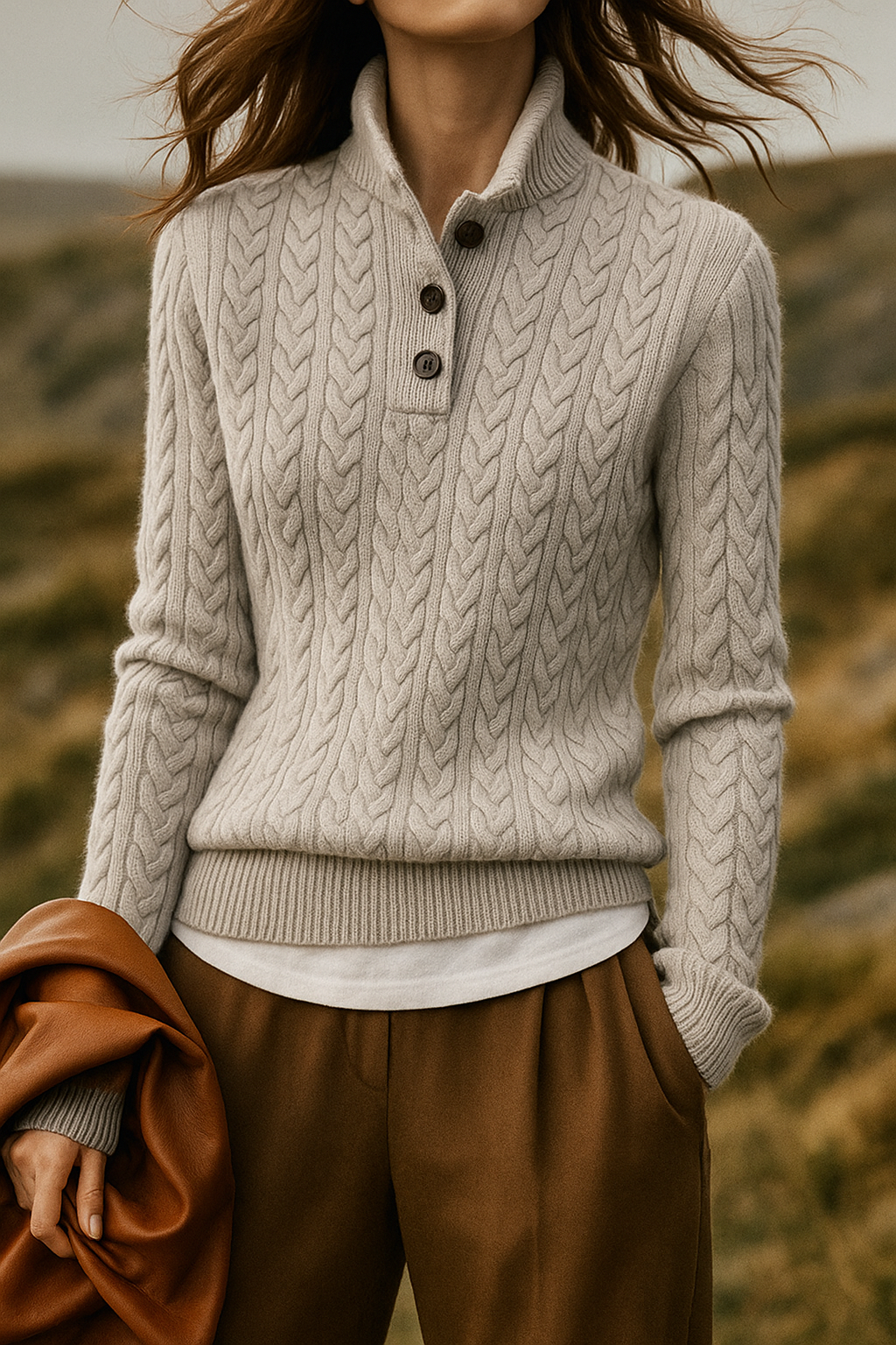 Marigold cable-knit button-up sweater styled with earrings, close-up