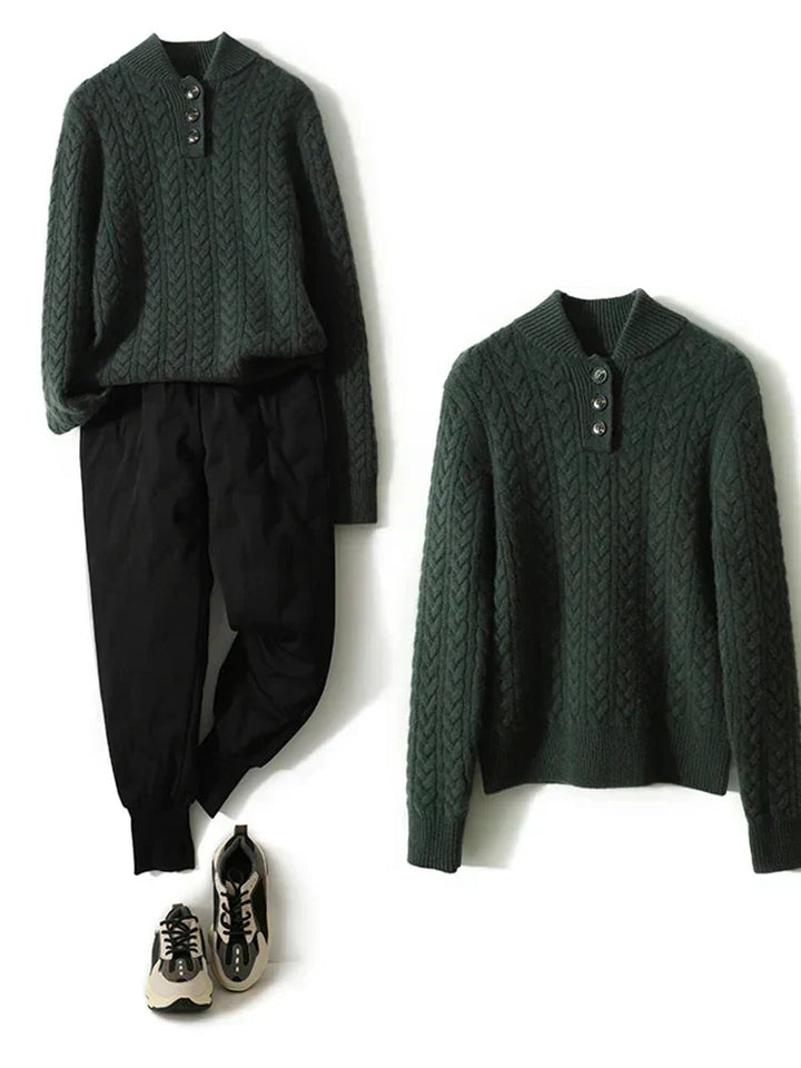 Marigold cable-knit button-up sweater styled with earrings, close-up