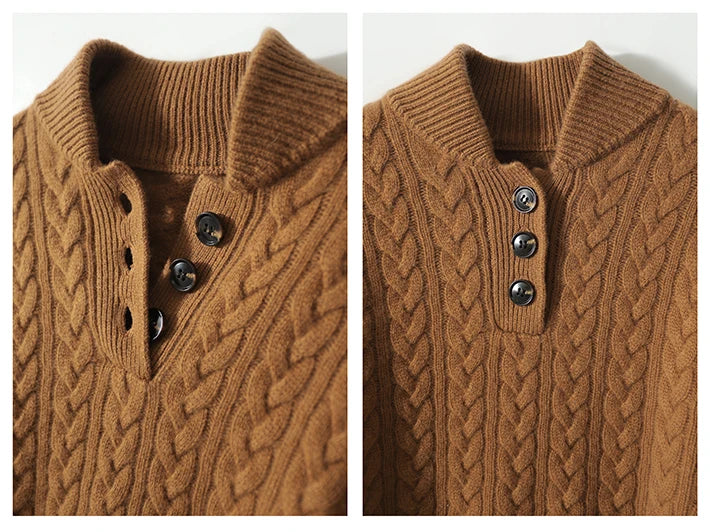 Marigold cable-knit button-up sweater styled with earrings, close-up