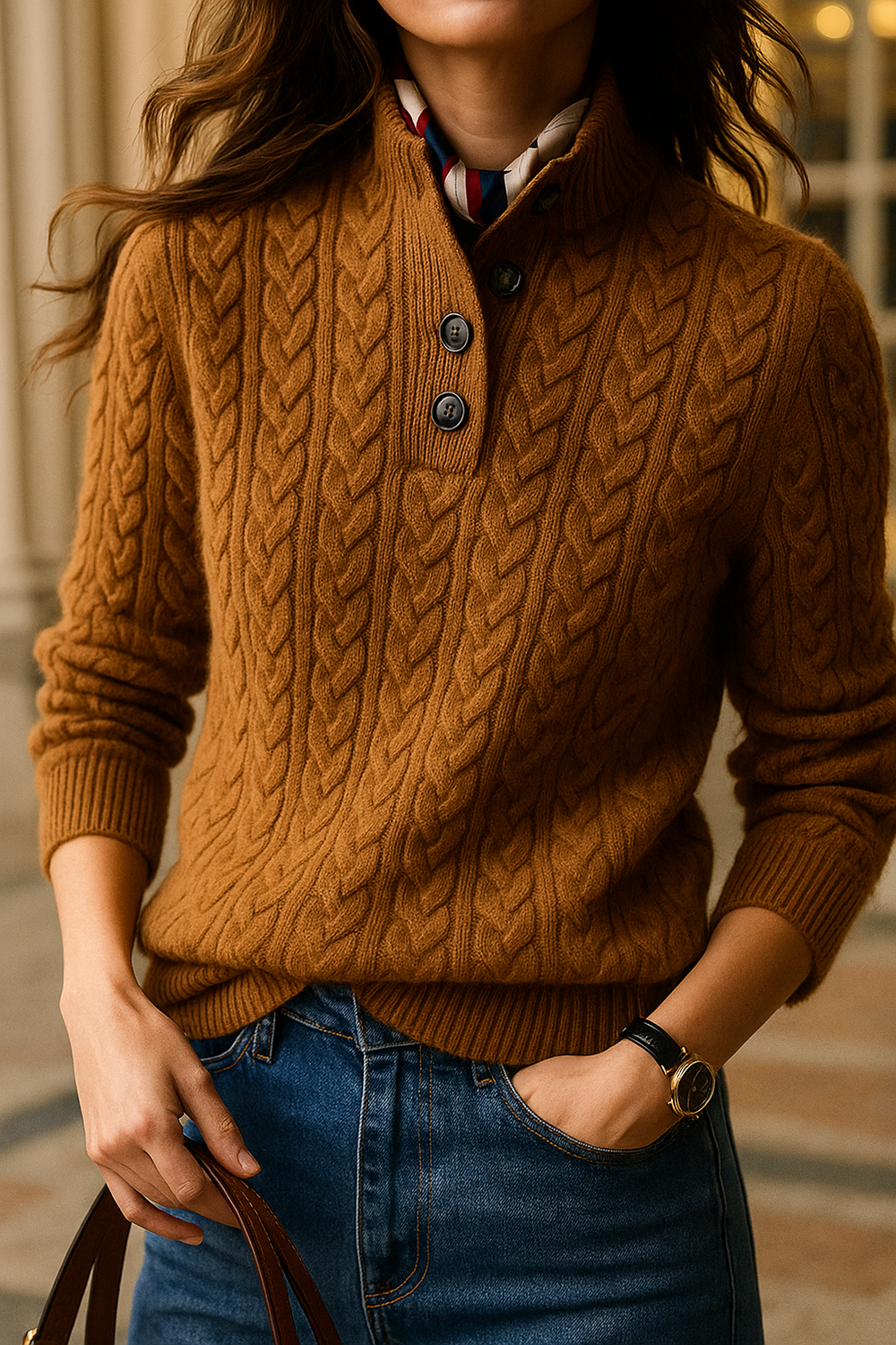 Marigold cable-knit sweater close-up showing button collar detail
