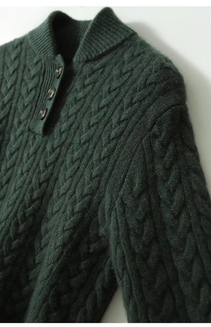 Marigold cable-knit button-up sweater styled with earrings, close-up