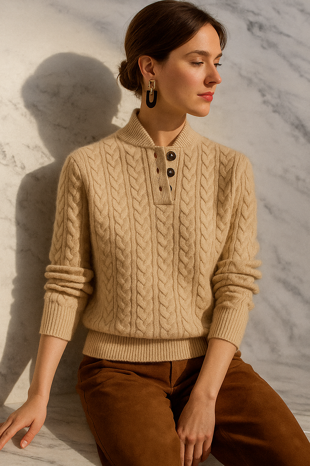 Marigold cable-knit button-up sweater styled with earrings, close-up