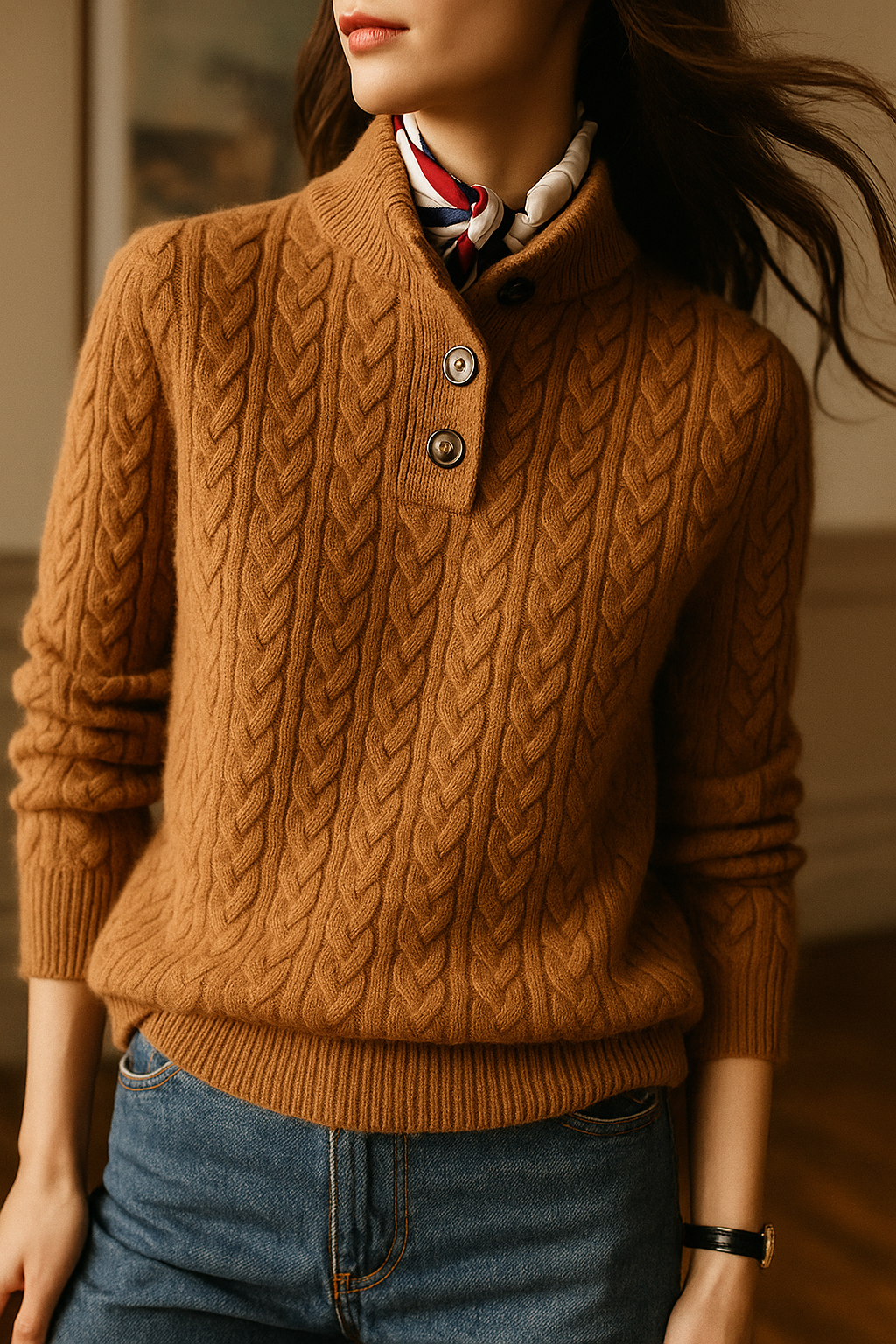 Marigold cable-knit sweater worn with scarf and jeans, close-up