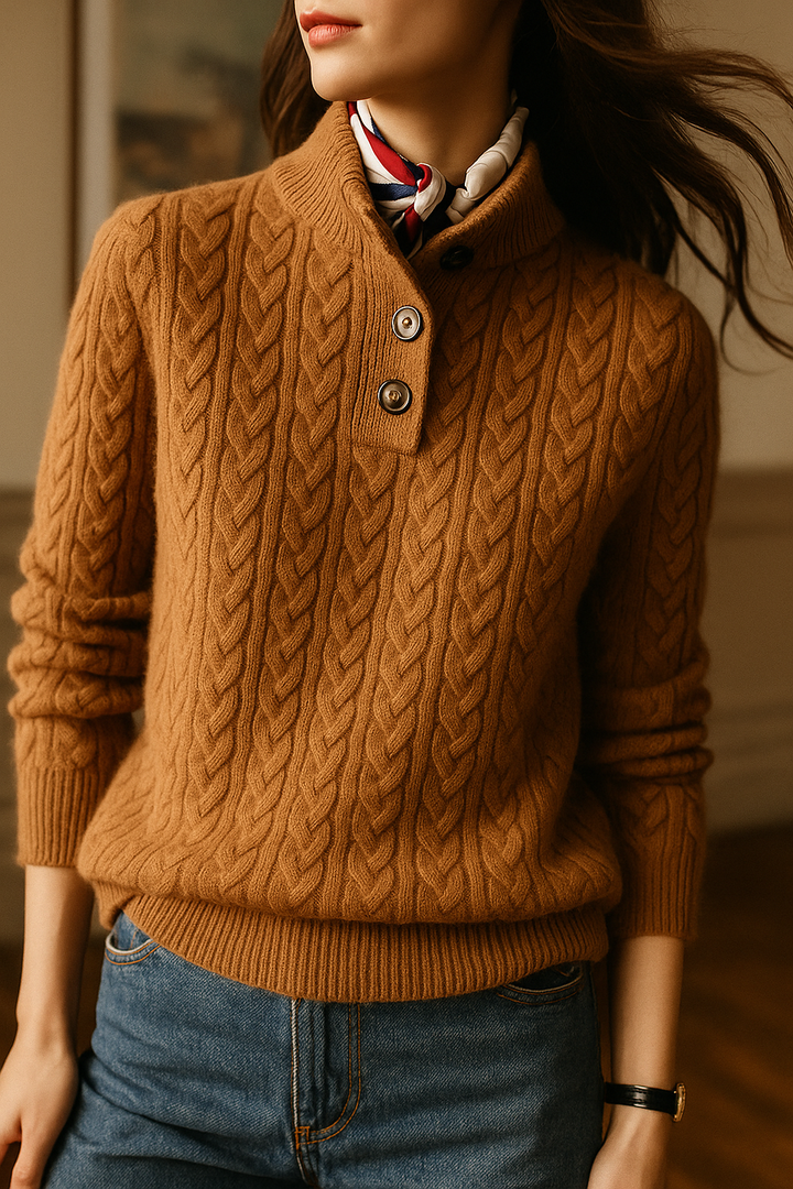 Marigold cable-knit sweater worn with scarf and jeans, close-up