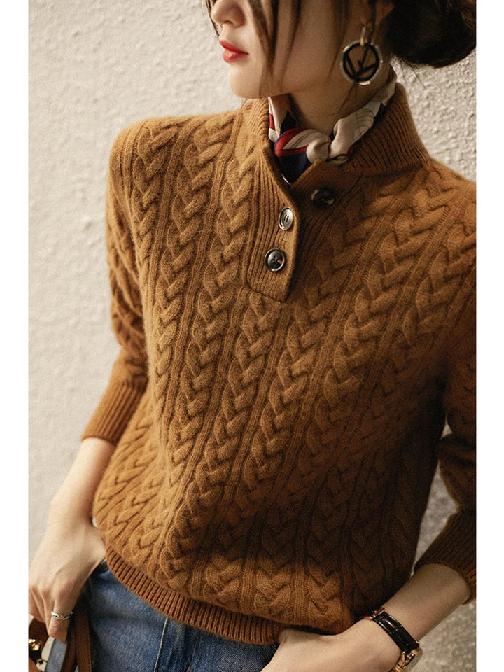 Marigold cable-knit sweater collar and button detail, side view