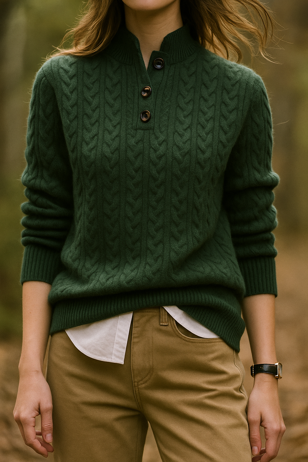 Marigold cable-knit button-up sweater styled with earrings, close-up